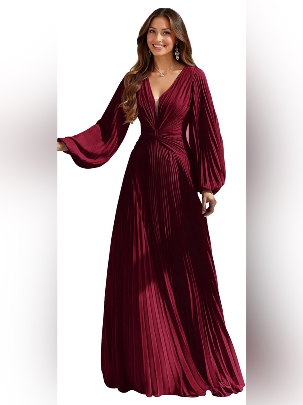 Elegant Wine Red Pleated Chiffon V-Neck Maxi Dress Size 16